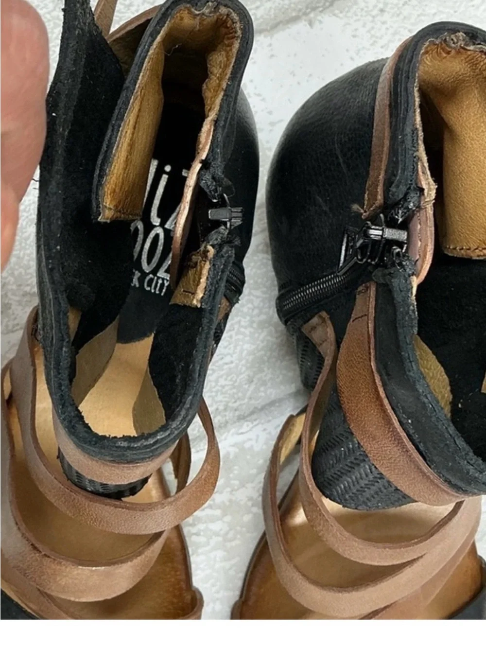 Miz Mooz Two-Tone Brown and Black Strappy Wedge Sandals